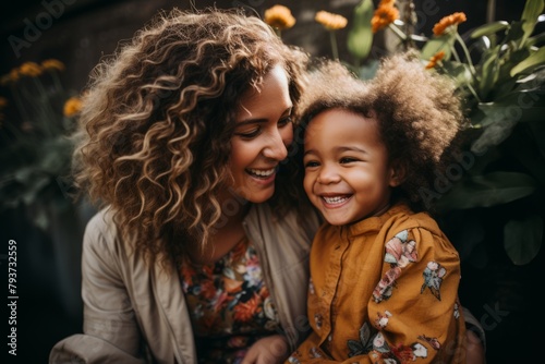 A woman and a child, likely mother and daughter, are joyful and smiling together in this candid moment captured. Their expressions radiate happiness and love as they share a special bond photo