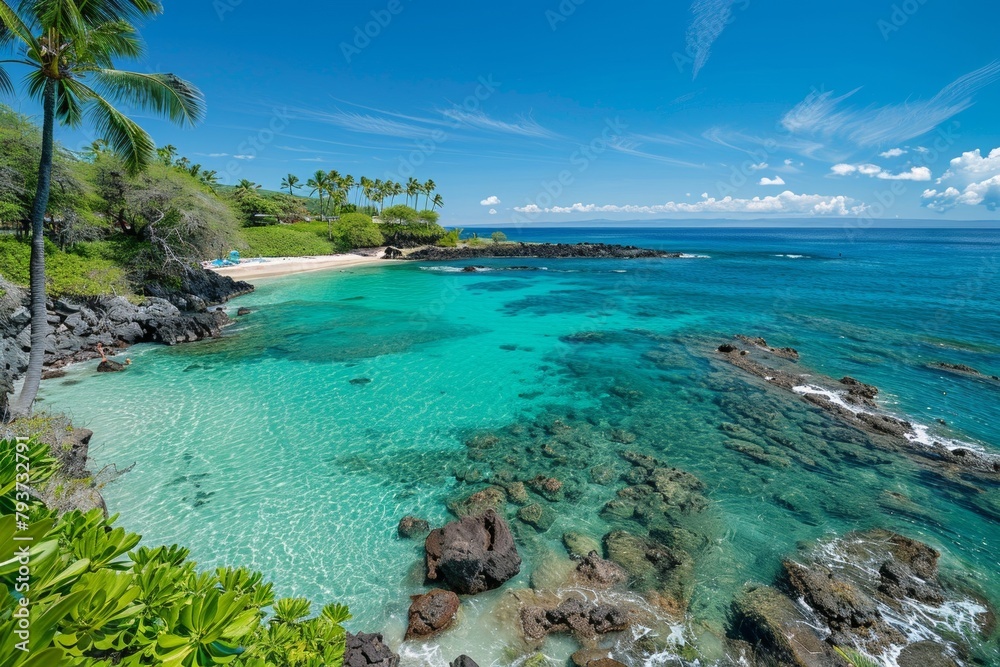 Fototapeta premium A beach with crystal clear turquoise waters and palm trees swaying in the breeze.