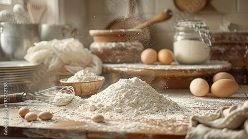 Whisk and flour await the baker's touch in a serene prelude to pastry perfection. photo