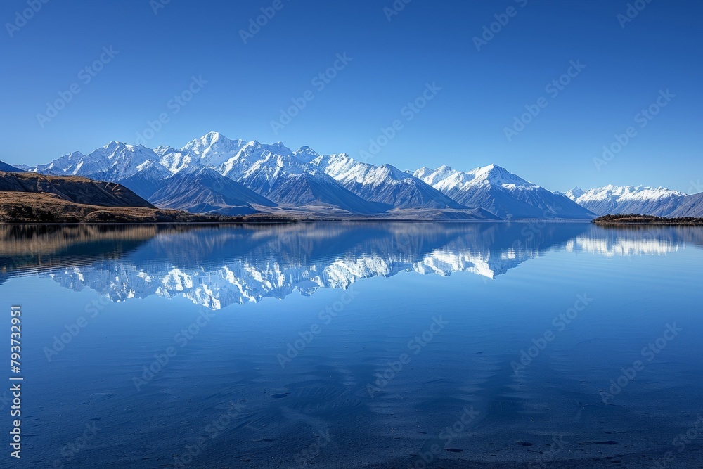 The tranquil lake reflects the snow-capped mountains.