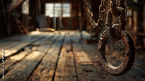 Vintage block and tackle hang poised above barn floor photo