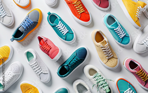 Assorted Colorful Sneakers Arranged in Style isolated on transparent background PNG. photo