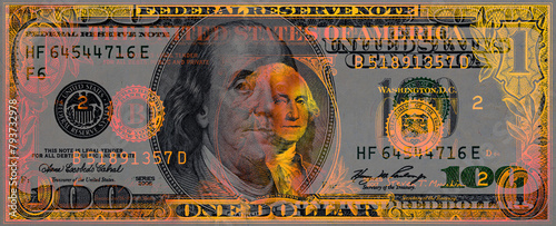 golden textured 1 US dollar banknote on US 100 dollar banknote
