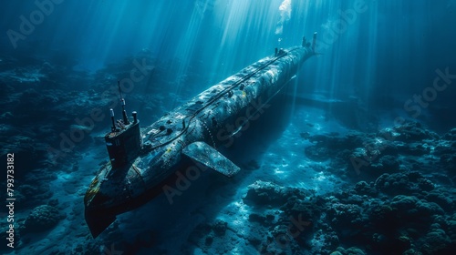 Stealthy submarine cruises ocean's surface, half-hidden in the watery depths. photo