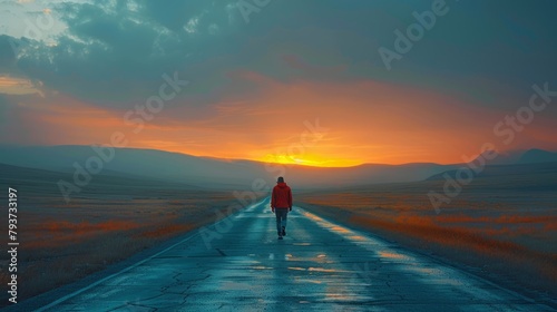 Solitary figure on the road captures the essence of commitment to a healthy lifestyle. photo