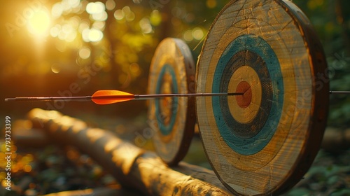 Perfect alignment of arrows on a target reflects skill in hitting goals with accuracy. photo