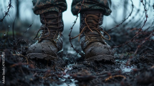 Muddy boots stand firm on a gritty terrain, confronting the harsh reality symbolized by barbed wire
