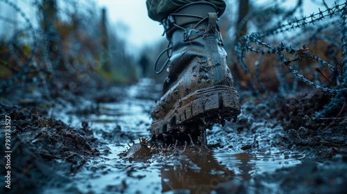 The soldier's journey marked by muddy boots and barbed wire, reflecting endurance through adversity.