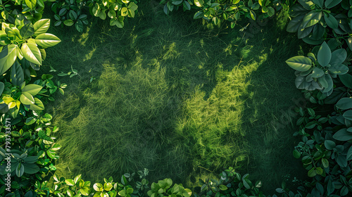 Sunlit forest floor with lush green leaves and delicate grass textures. Empty green border frame. Background for design with empty copy space. Generative AI