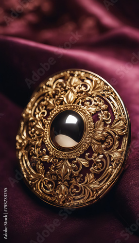 Golden round pendant with black stone