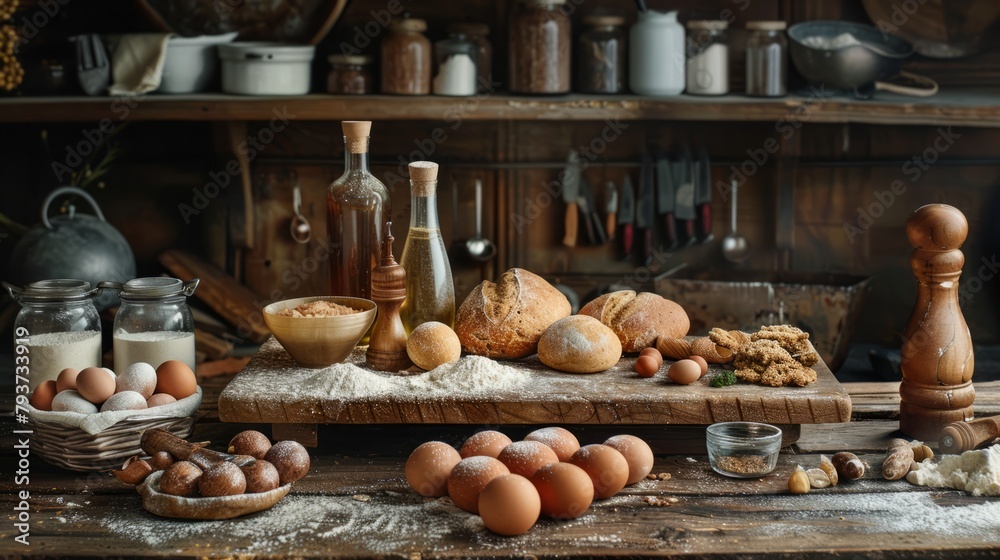 Rustic kitchen scene with baking supplies artfully scattered, beckoning culinary creativity Rustic kitchen scene with baking supplies artfully scattered, beckoning culinary creativity