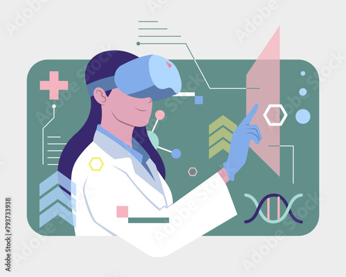 Flat style female doctor using VR headset with technology background cartoon illustration