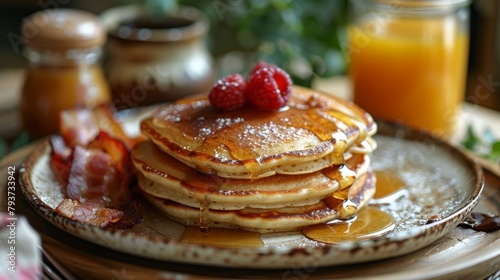 Delicious pancake stack with crispy bacon and maple syrup on a rustic table