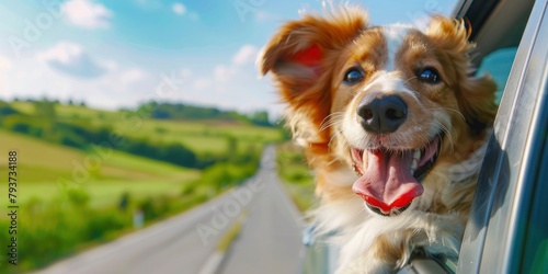 A happy dog hanging out of the window on an open road on car, tongue lolling in excitement photo