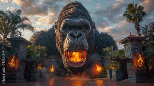Entrance to The Kong Skull Island with a Gorilla face and burning torches at the Universal Studios photo