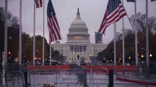 American flags on three flagpoles, white capitol building in the background.