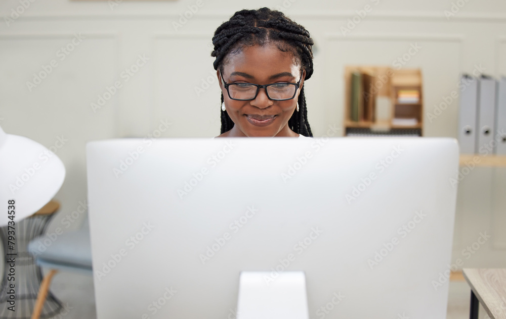 Happy, black woman and computer for research, searching and creative vision for writing project. African female person or copywriter with technology for planning article, news or story in office Happy, black woman and computer for research, searching and creative vision for writing project. African female person or copywriter with technology for planning article, news or story in office