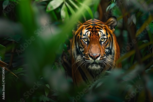 tiger in the rainforest looking at the camera  in natural conditions  World Wildlife Conservation Day 