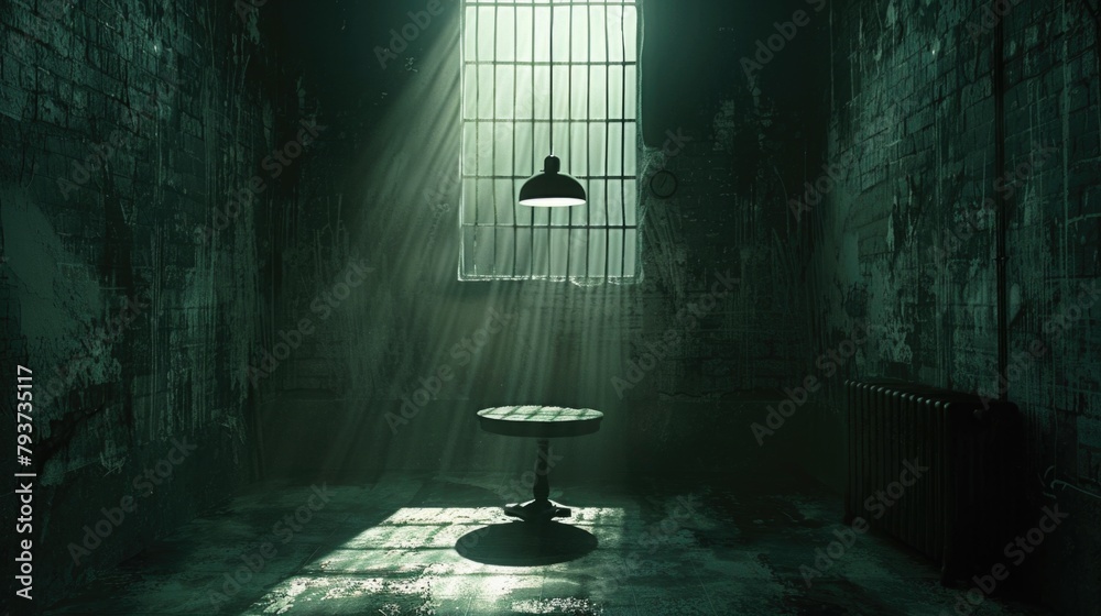Jail cell with table - obrazy, fototapety, plakaty 