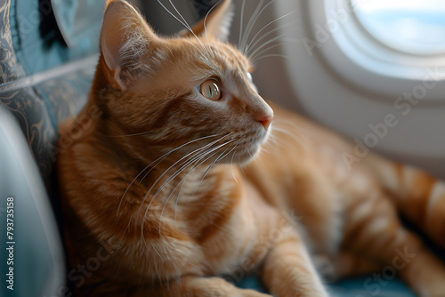 Cat Enjoying Airplane Cabin Space. Generative AI photo