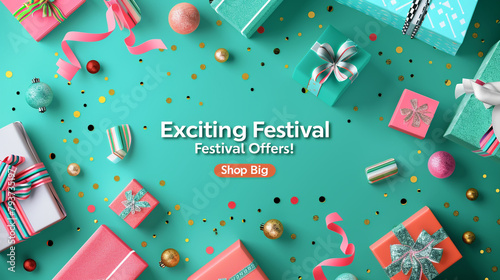 A bold emerald green background with "Exciting Festival Offers! Shop Now and Save Big" in bold.