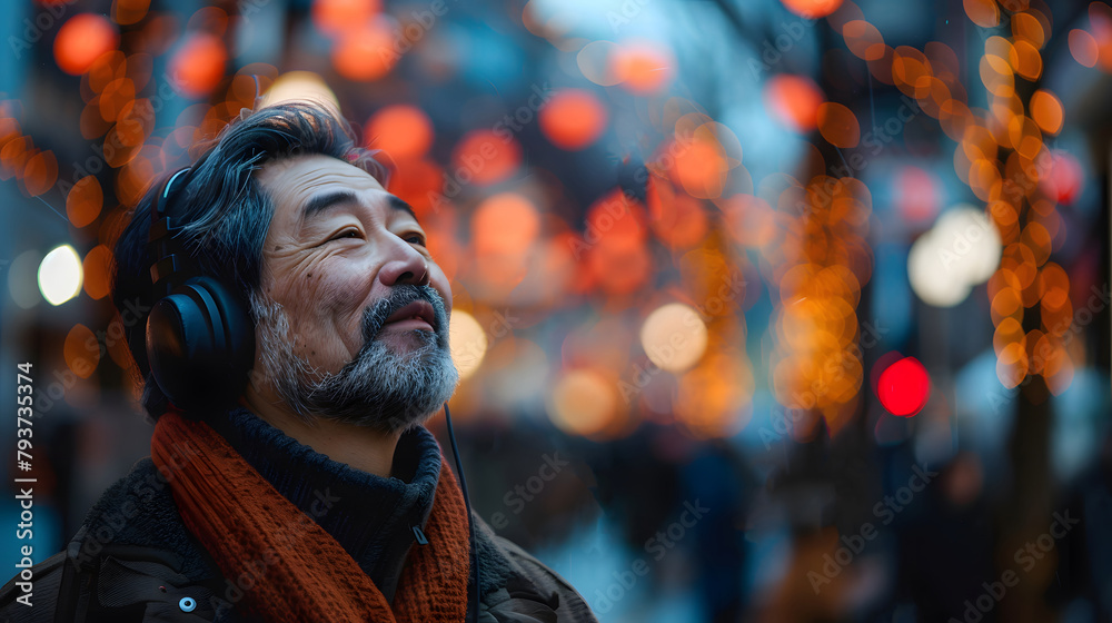 Man Listening to Headphones, Looking at Sky. Generative AI