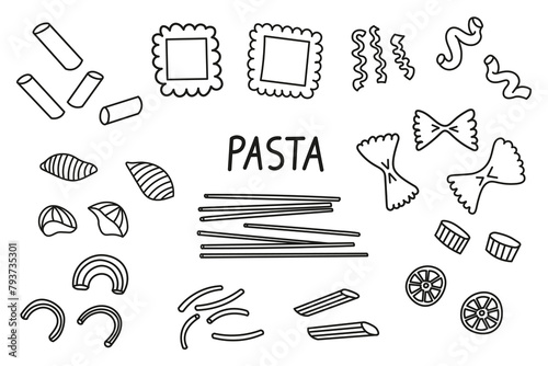 Pasta doodle set line art. Vector sketch illustration on isolated background. Spaghetti, Penne, fusilli, rigatoni, farfalle, tagliatelle, fettuccine, cavatappi, conchiglie shells, wheat, Italian food 