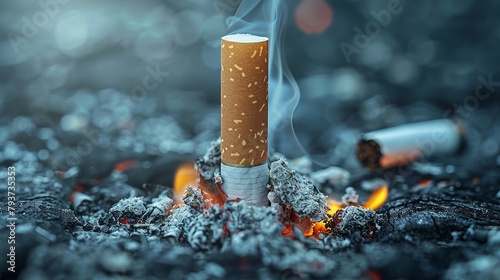 Lone intact cigarette rising above a scattered cluster of extinguished stubs on a minimalist backdrop photo