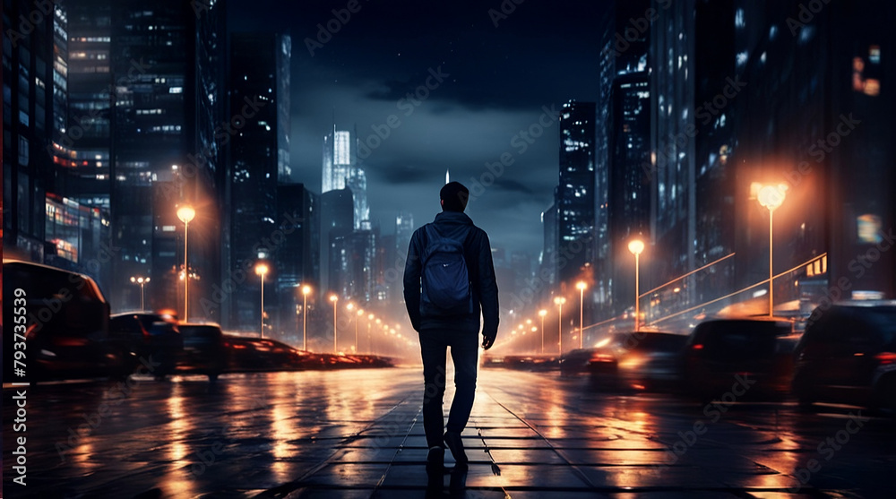 Fototapeta premium Night City: Digital illustration of a man amidst a night cityscape