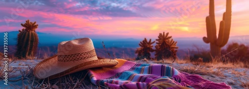 A sombrero and Mexican blanket on the ground with cactus in background, sunset sky, purple blue orange color,