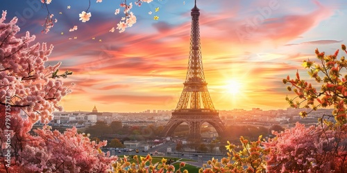 A stunning view of the Eiffel Tower at sunset, with blooming trees and bustling city life © Image