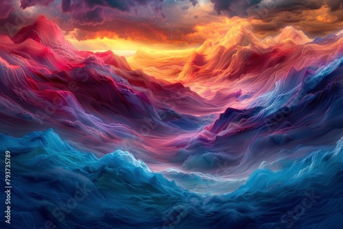 A surreal landscape of flowing with colorful waves