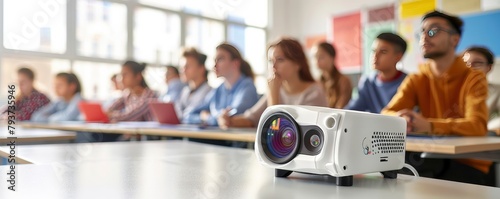 A white projector is placed on the table in front of students sitting at desks