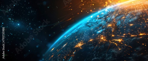 Abstract background of Earth with glowing blue and orange light rays, fiber optic cables in space.