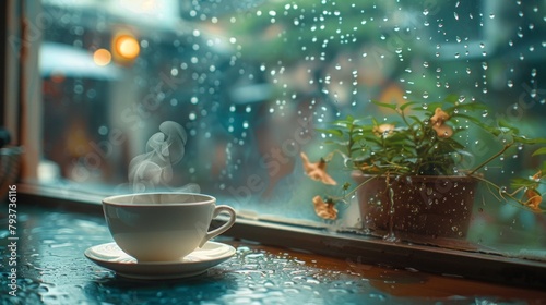 Rainy day contemplation is paired with a steaming cup photo