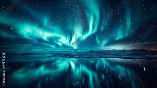 Stunning display of the Aurora Borealis over icy mountains and reflective waters