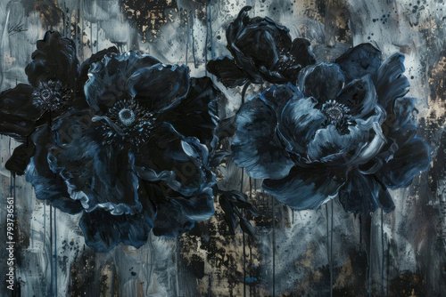 Abstract painting with dark blue flowers background