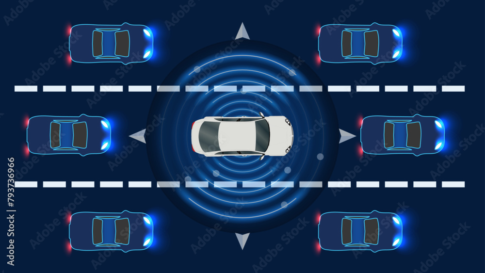 Autonomous Smart Car. Scanning and Operating Automatically for City Crosswalk Safety on the Highway. Vector Illustration