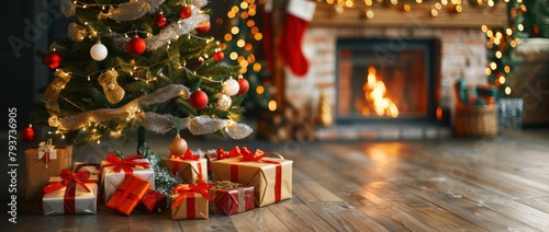 Christmas tree with wrapped gifts on the floor, a fireplace in the background with blurred background. Merry Christmas