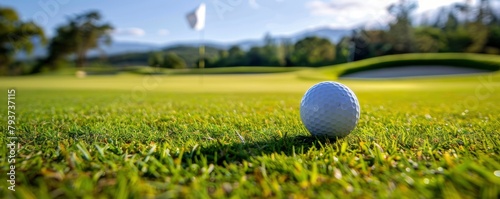 a golf ball near the hole on green grass with a flag, blue sky in the background.
