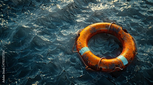 Sunlight glistens on choppy waters around a lone lifebuoy, offering salvation from the depths.