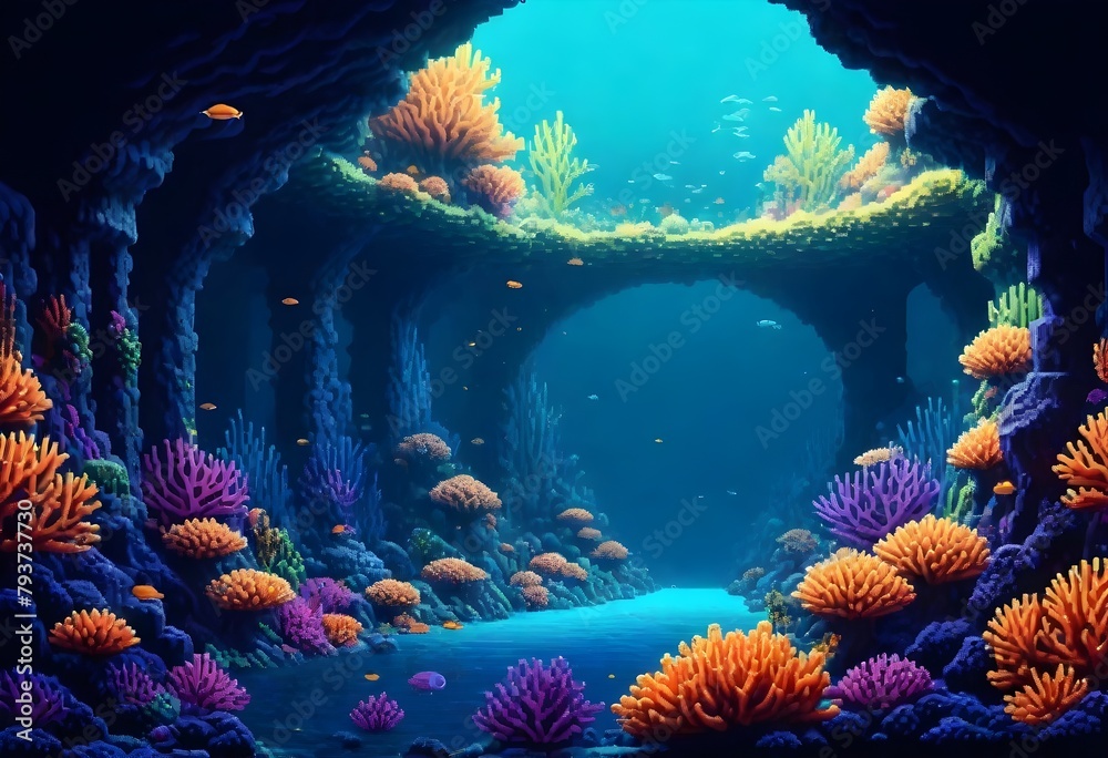 Pixel art a hyperrealistic 8k underwater coral cit (2) - obrazy, fototapety, plakaty 