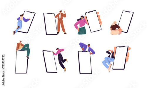 Tiny people show telephone displays. Men and women hold, presenting smartphones in hand. Characters pointing with finger to blank screen of phone. Flat isolated vector illustration on white background