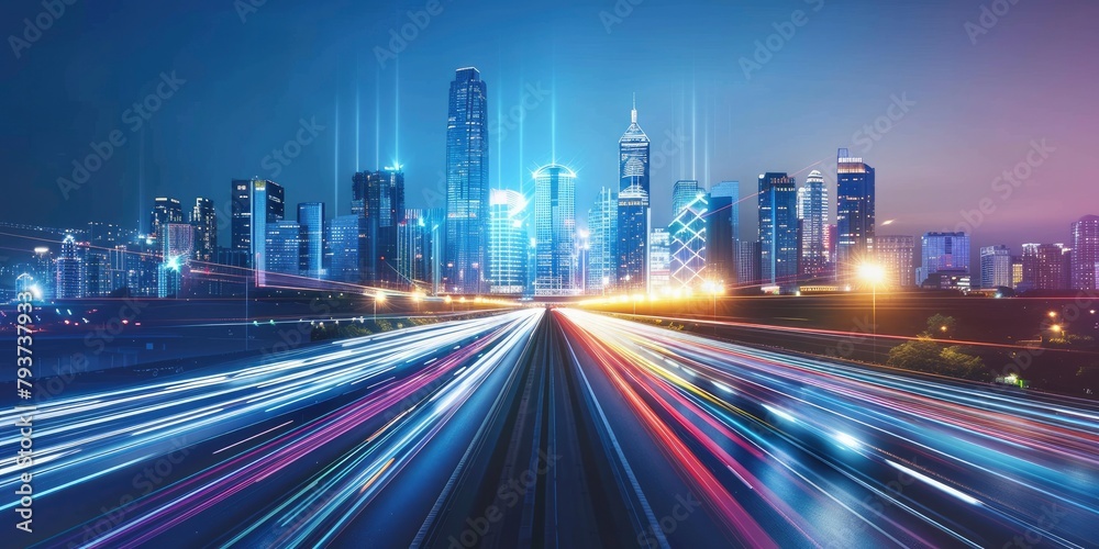 laser beams shining from wide road at night with modern city building, blue hue and sky background