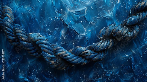 Close-up of weathered nautical ropes with glistening droplets on blue backdrop photo