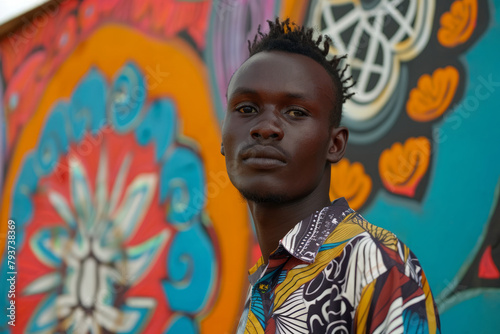 Wallpaper Mural African man in a colorful shirt with a wall painted with patterns on background. Torontodigital.ca
