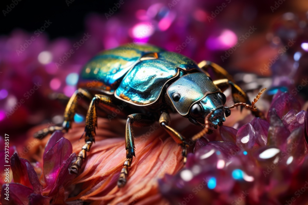 A detailed view of a beetle perched on a flower, showcasing intricate details of the insect and the colorful petals A detailed view of a beetle perched on a flower, showcasing intricate details of the insect and the colorful petals