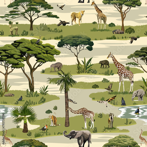 horizontal seamless background with africa nature. All animals and trees are isolated - you can clean and move them. vector illustration