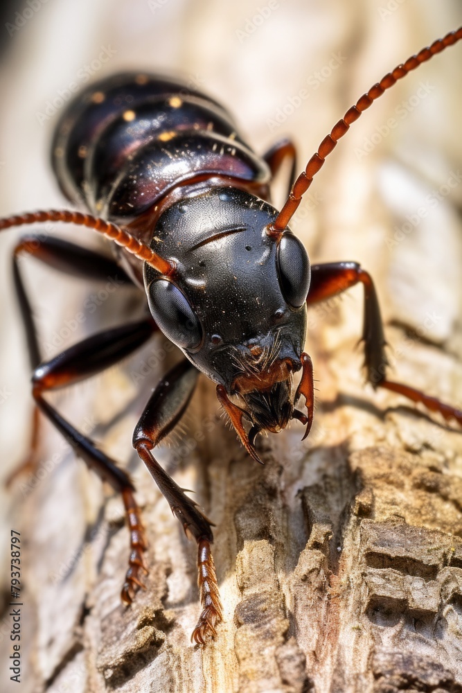 A detailed close-up of a black insect, possibly an earwig, perched on a piece of wood. The insect is hidden in a crevice, with its distinct features clearly visible A detailed close-up of a black insect, possibly an earwig, perched on a piece of wood. The insect is hidden in a crevice, with its distinct features clearly visible