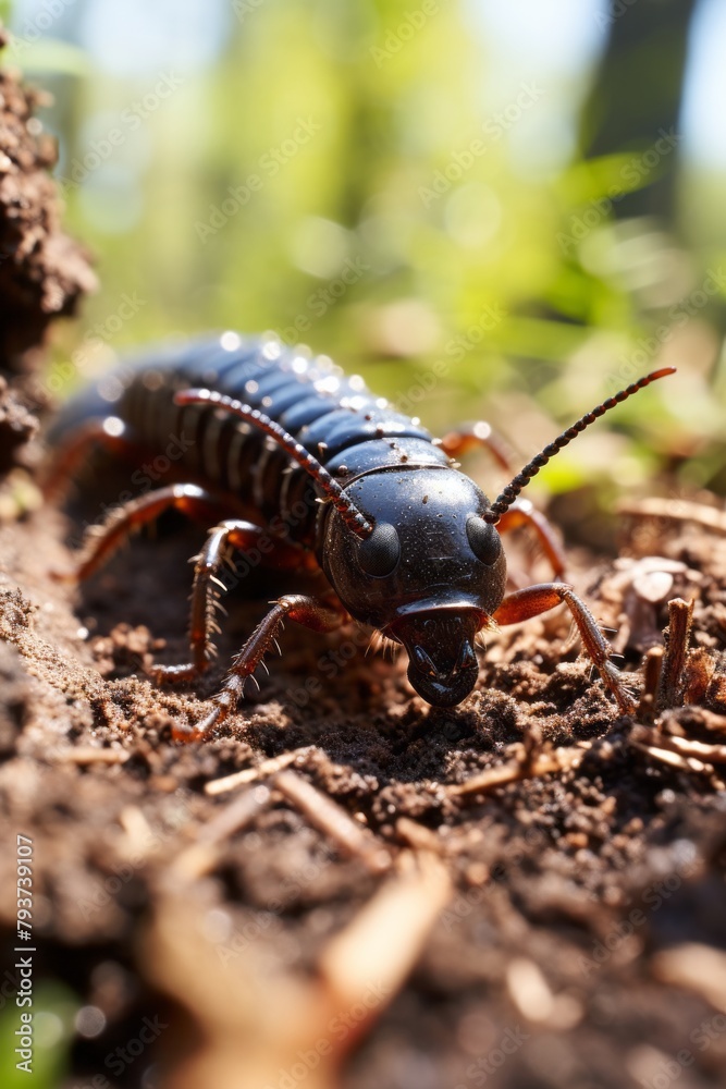 A close-up of a beetle larvae actively burrowing into the ground, showcasing its intricate body structure and movements in detail A close-up of a beetle larvae actively burrowing into the ground, showcasing its intricate body structure and movements in detail